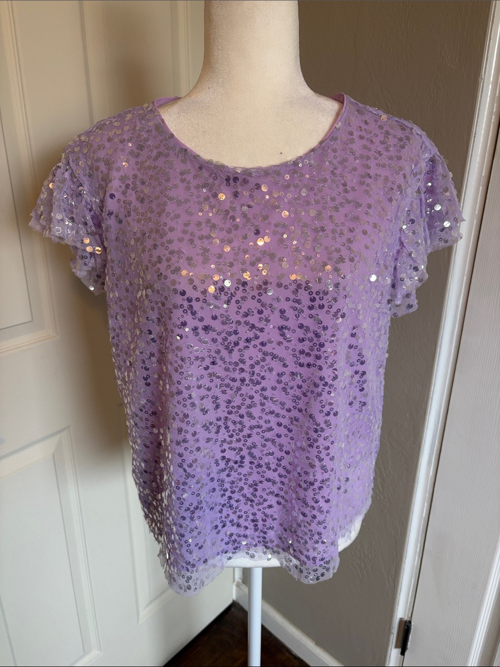 Anthropologie Pamela Sequin Blouse small short sleeve lilac glitter sparkle - Picture 5 of 6
